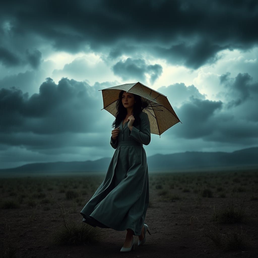 Woman in Windswept Landscape as Atmospheric Photograph