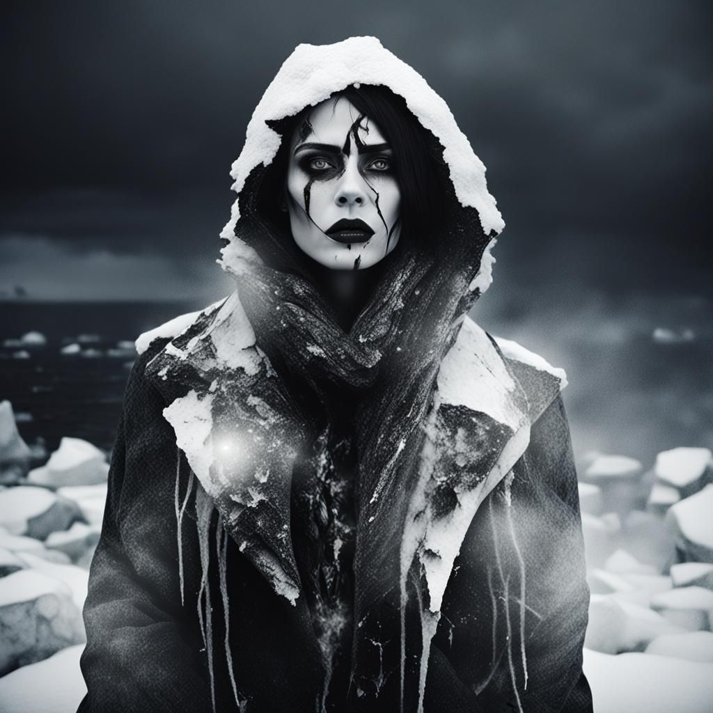 Gothic Model in Frozen Landscape, Black and White Photograph...