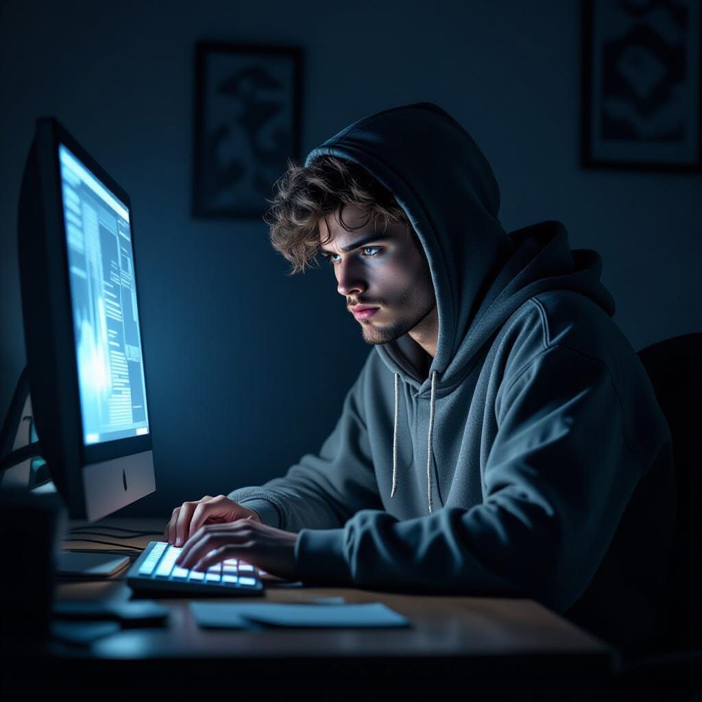 Man's Inner Conflict in Dimly Lit Room, Digital Art