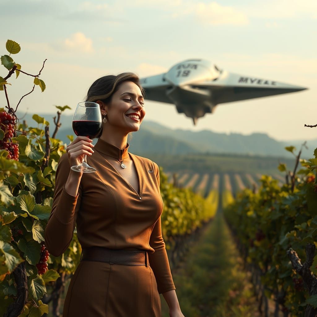 Elegant Starfleet Officer Savoring Wine Amidst Vineyard Land...