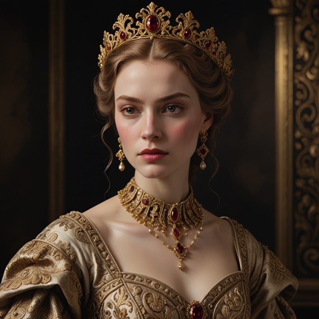 Regal 18th Century Young Woman with Auburn Hair and Gold Cro...