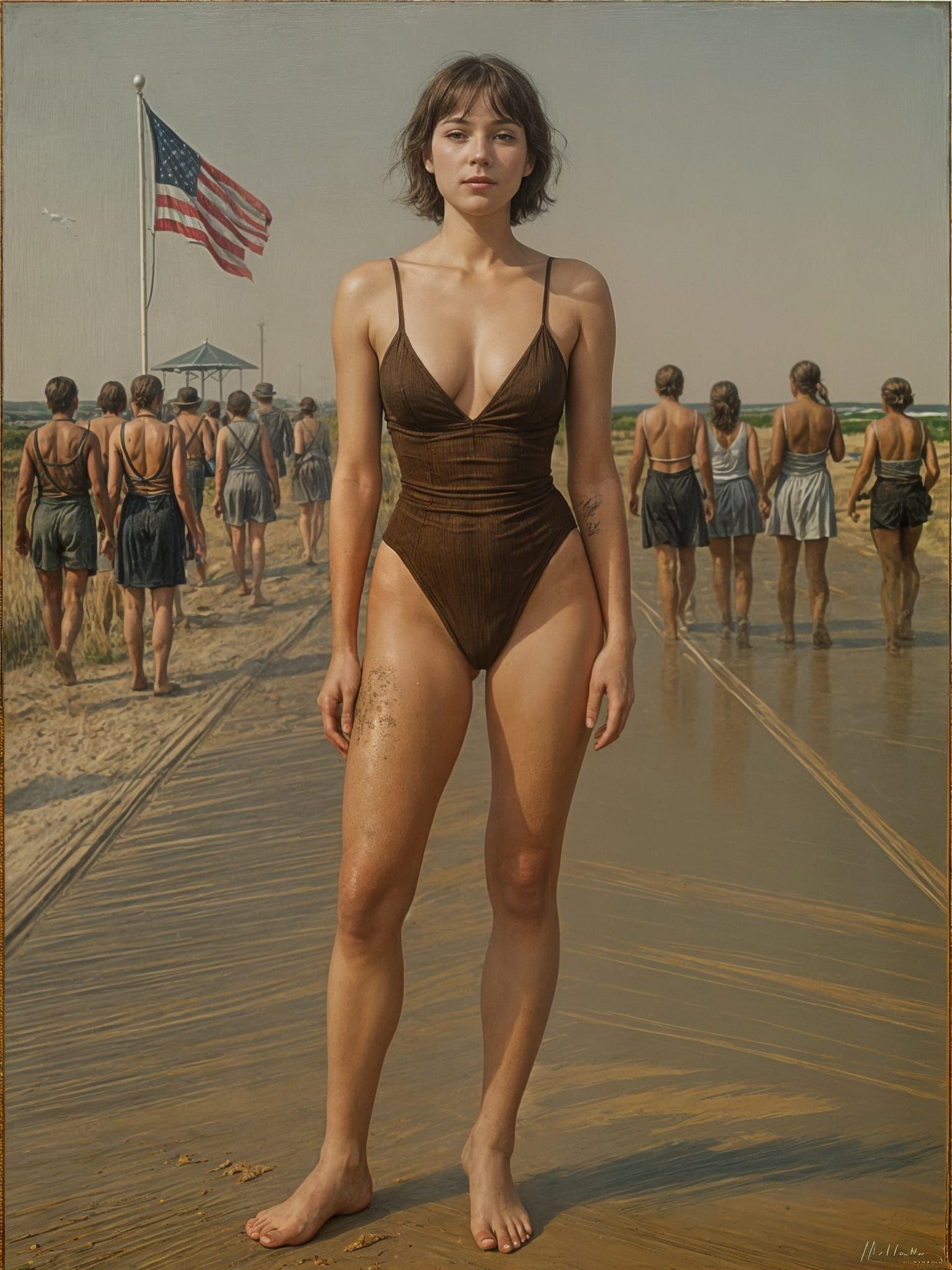 Hyperrealistic Woman on Boardwalk, American Regionalism Styl...