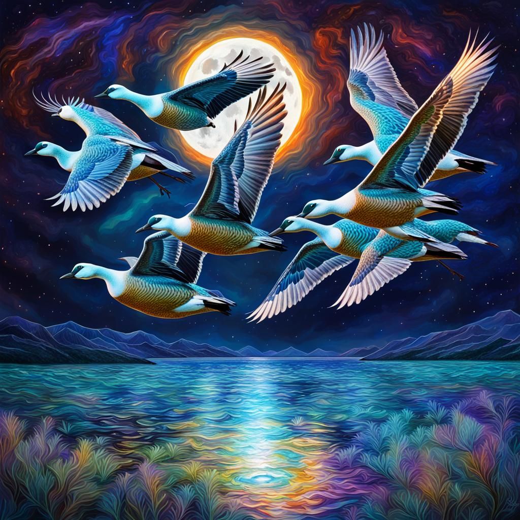 Wild Geese Soaring Under Full Moon in Astral Style