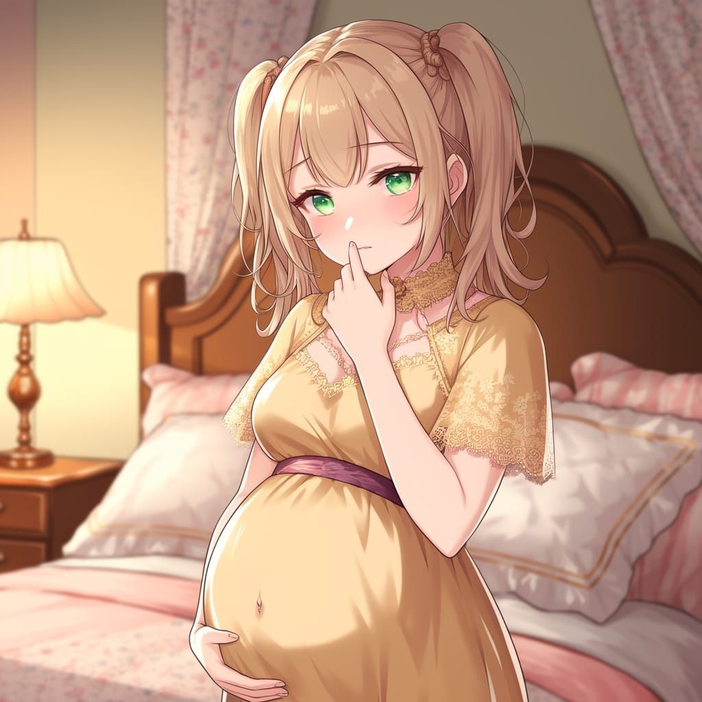 Pregnant Anime Girl in Pastel Hued Bedroom