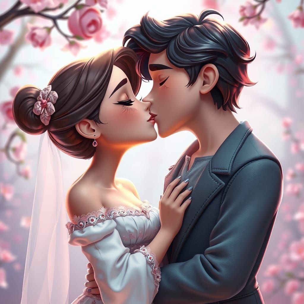 Young Couple Kissing in Glossy 3D Cartoon Style