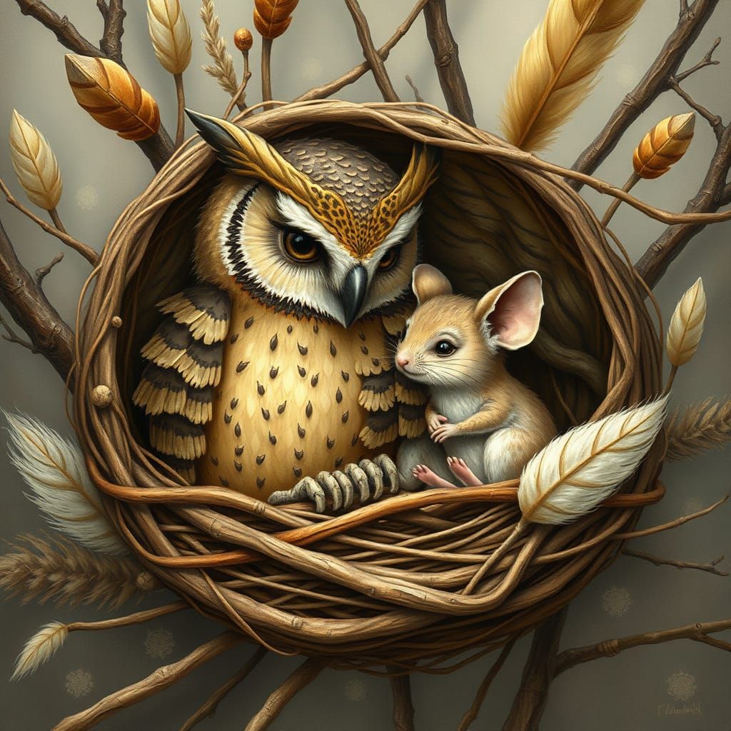 Whimsical Owl and Mouse Snuggled in Cozy Nest
