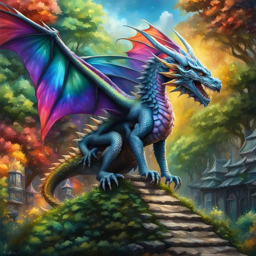 Rainbow Dragon Over Elvish City in 3D