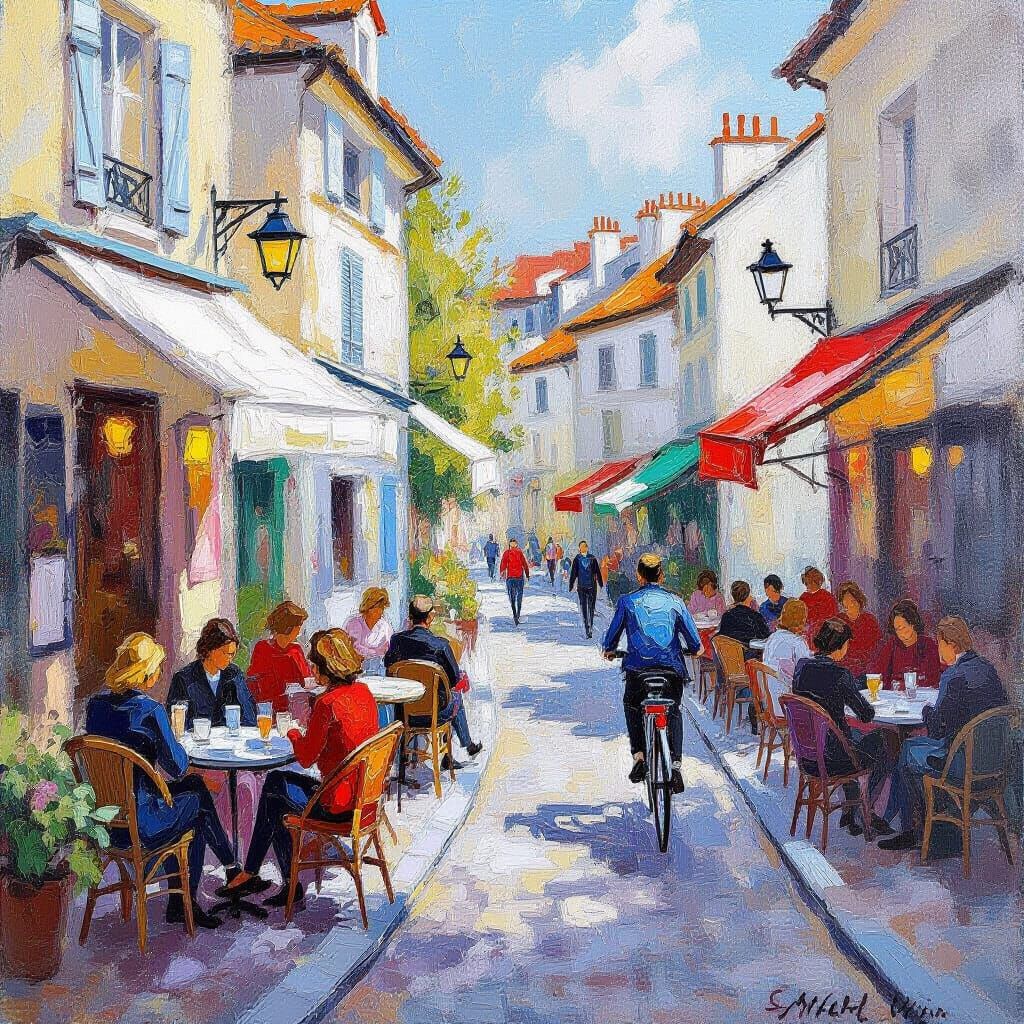 French Backstreet Scene in Neo-Impressionist Style