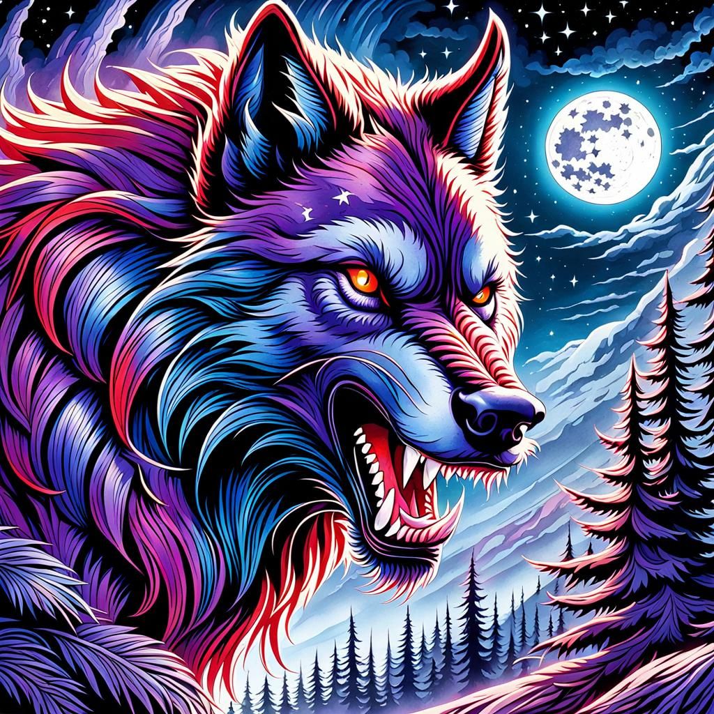 Watercolor Gothic Werewolf Under Twinkling Stars