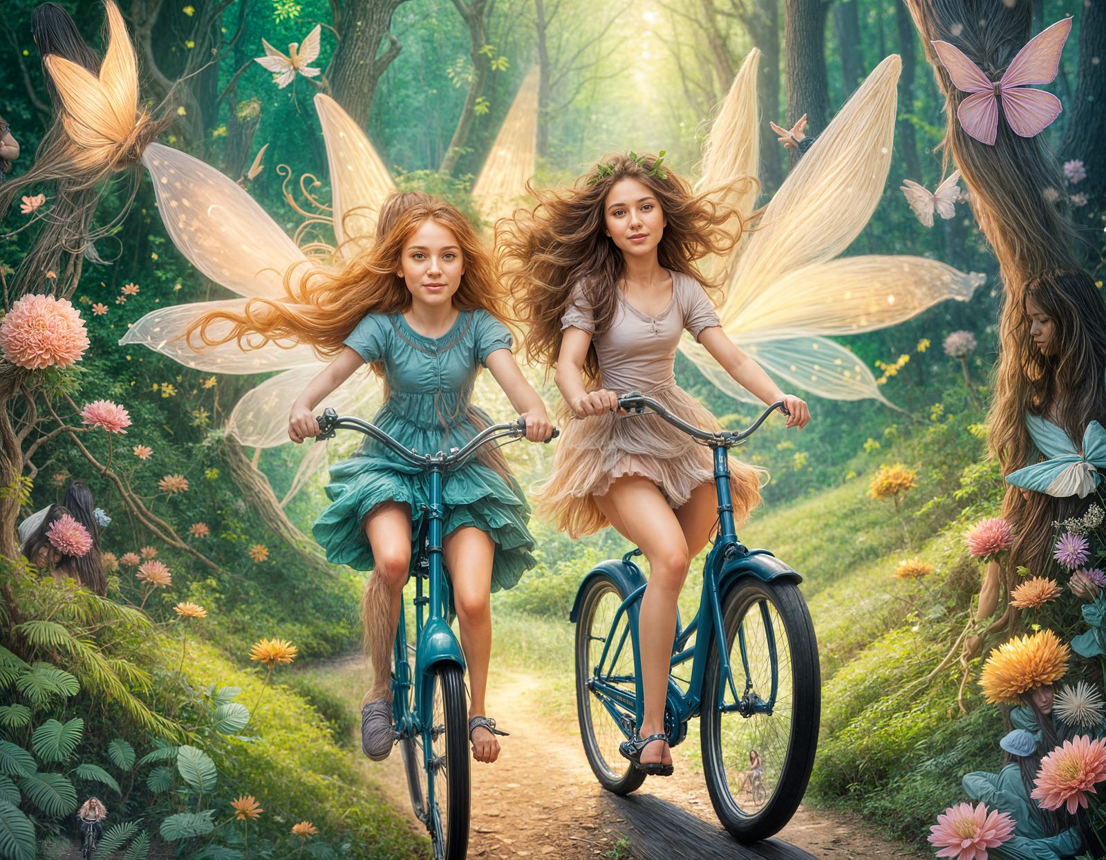 Two Ladies Ride a Bike in Whimsical Forest