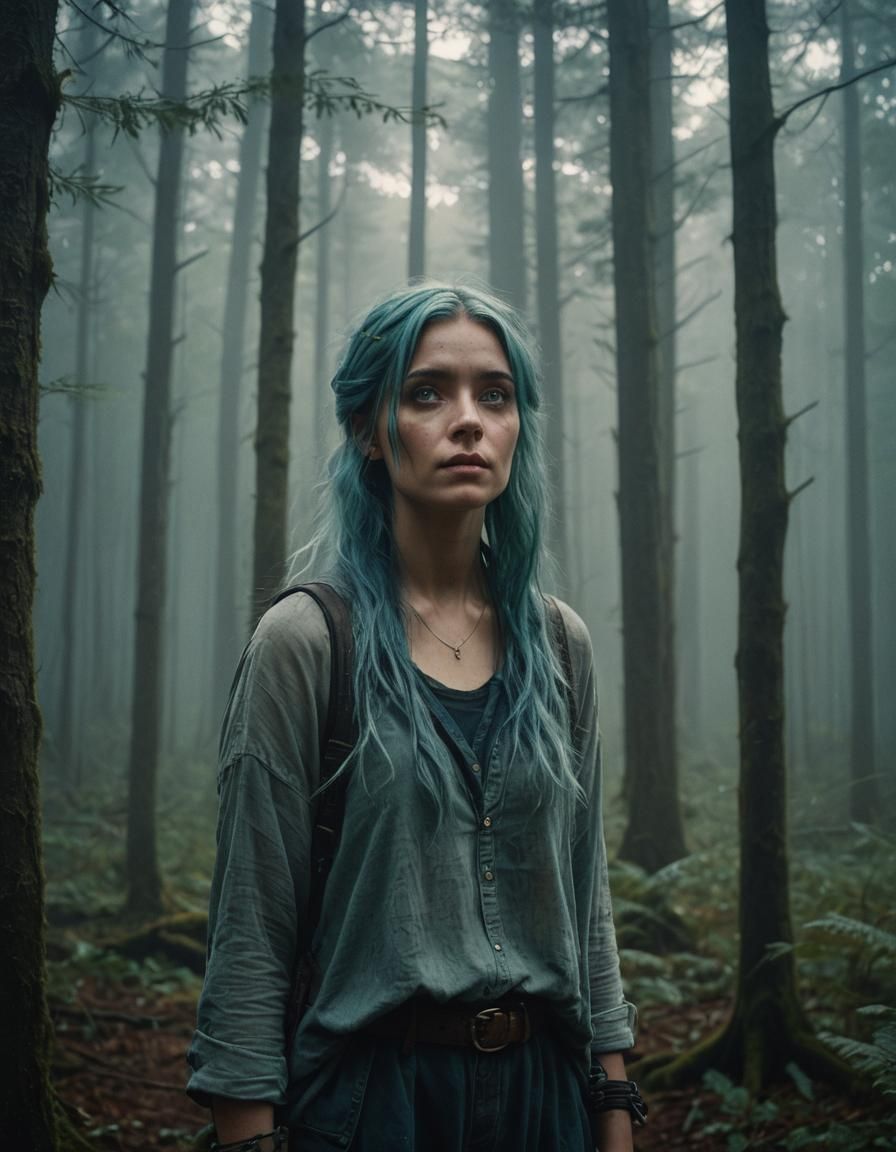 Woman in Misty Forest: Cinematic Film Still