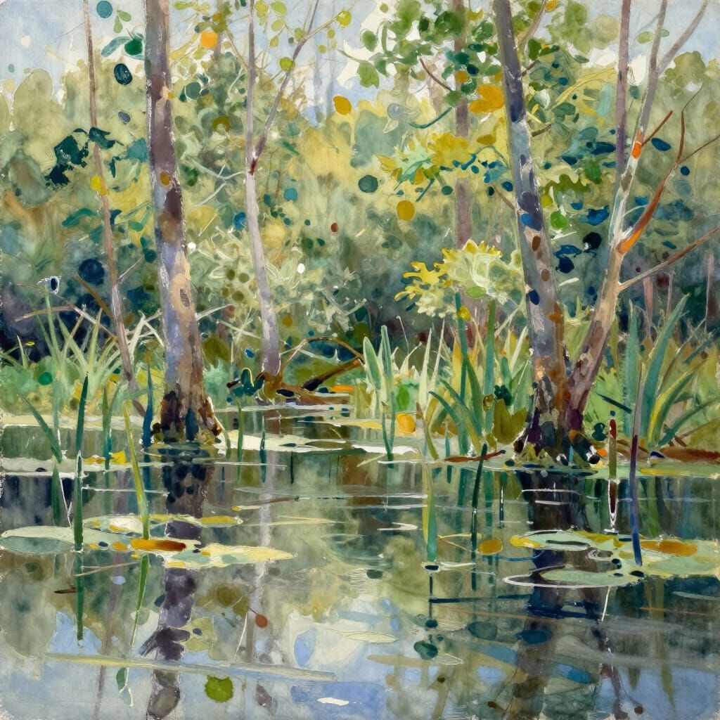 Vibrant Swamp Landscape in Watercolor and Gouache Style