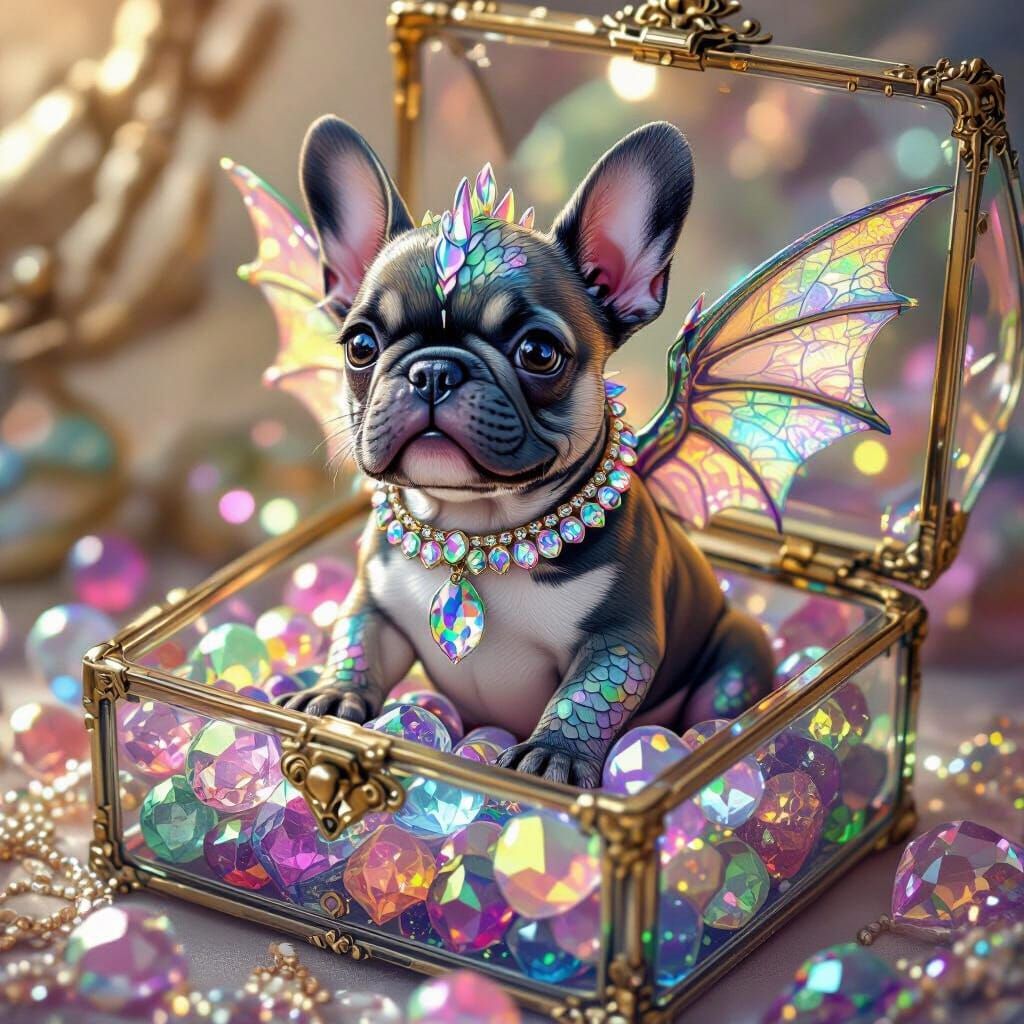 Miniature Bulldog Dragon in Jewelry Box, Whimsical Style