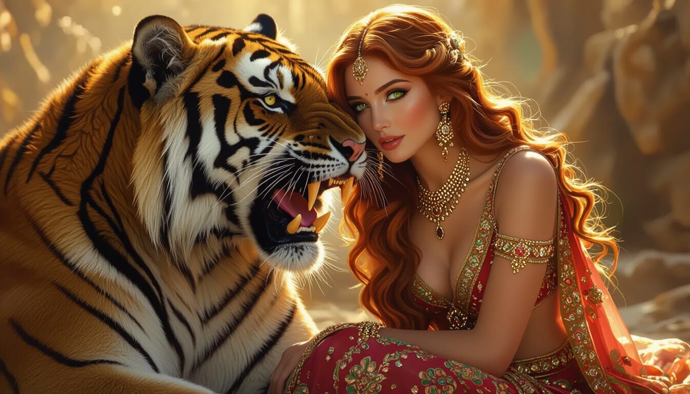 Rati: Goddess of Love with Bengal Tiger, in Art Nouveau Styl...