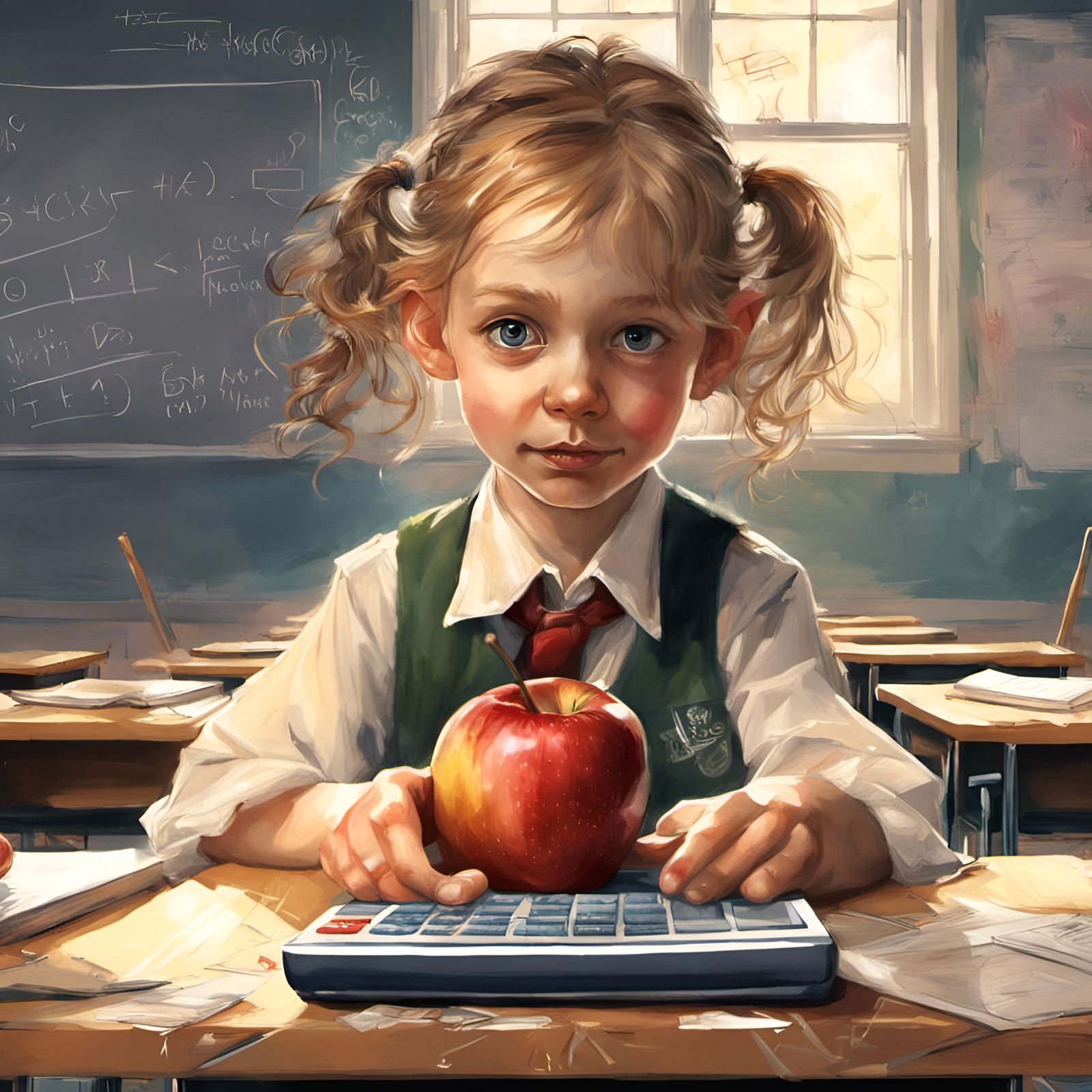 Apple Character in Classroom: Digital Illustration