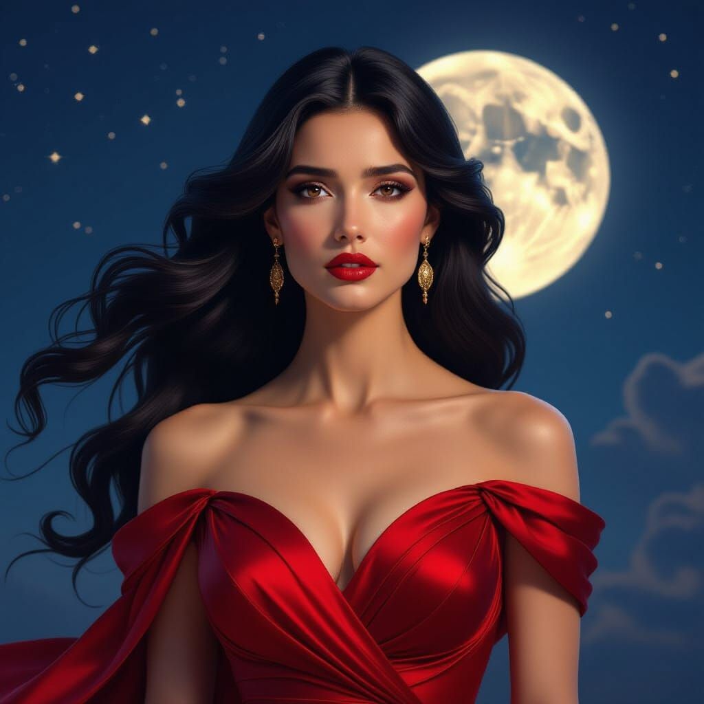 Ancient Goddess in Red Dress Under Starry Sky