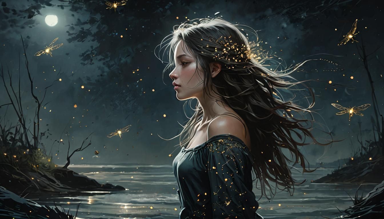 Ethereal Girl with Fireflies, Gustave Doré Style