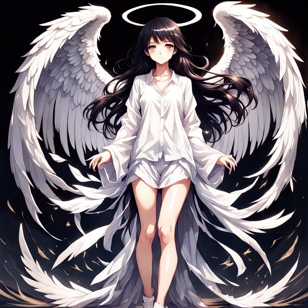 Anime Angel Woman with Black Hair and Wings