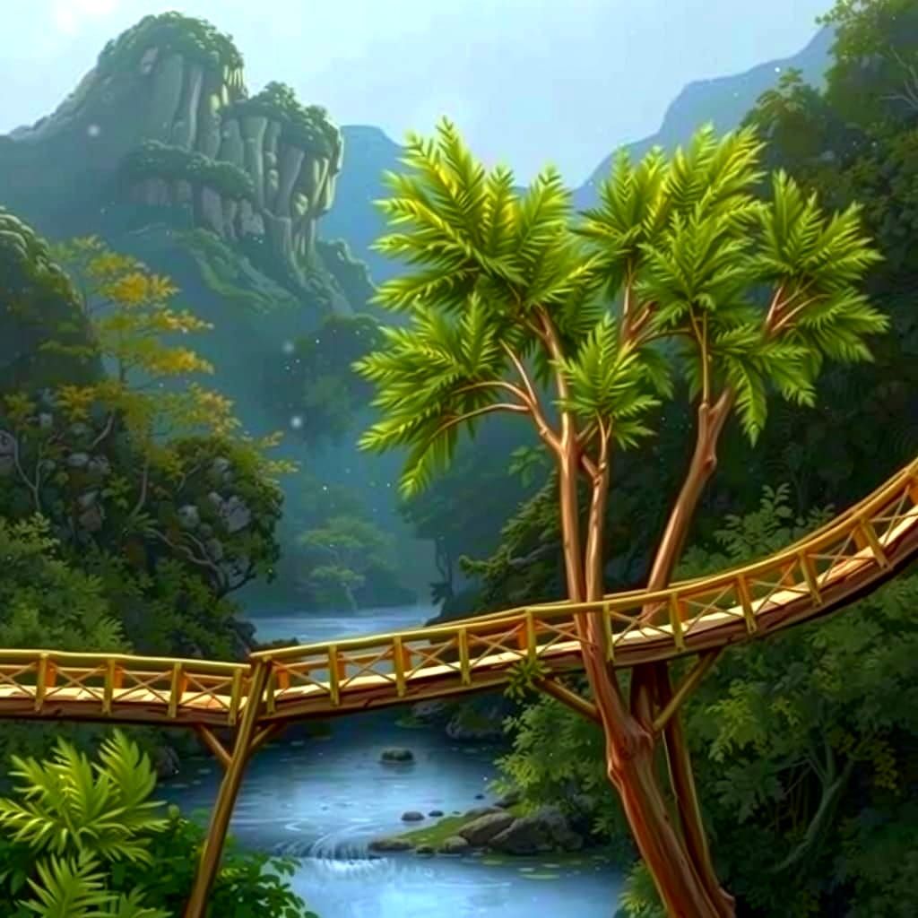 Suspended Wooden Bridge in Thai Forest Oil Painting