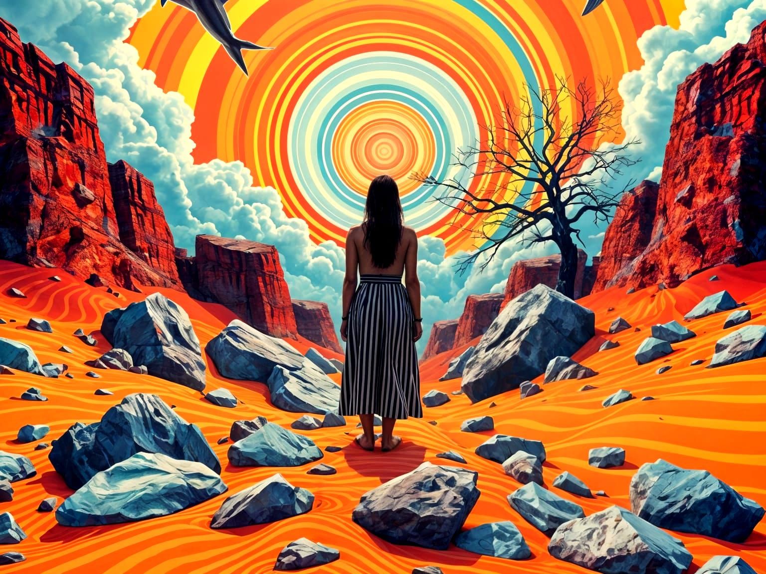 Surreal Landscape in Vibrant Striped Patterns