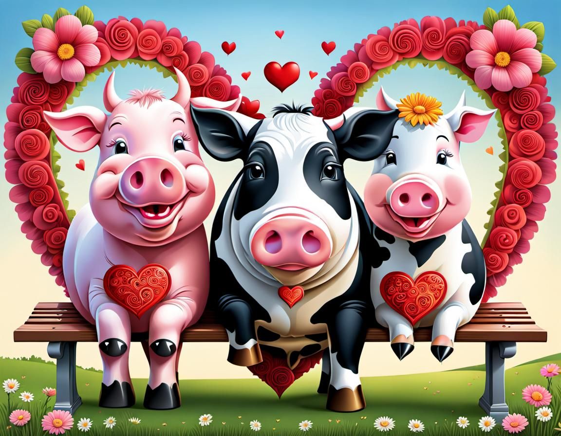 Cow and Pig in Love on Park Bench