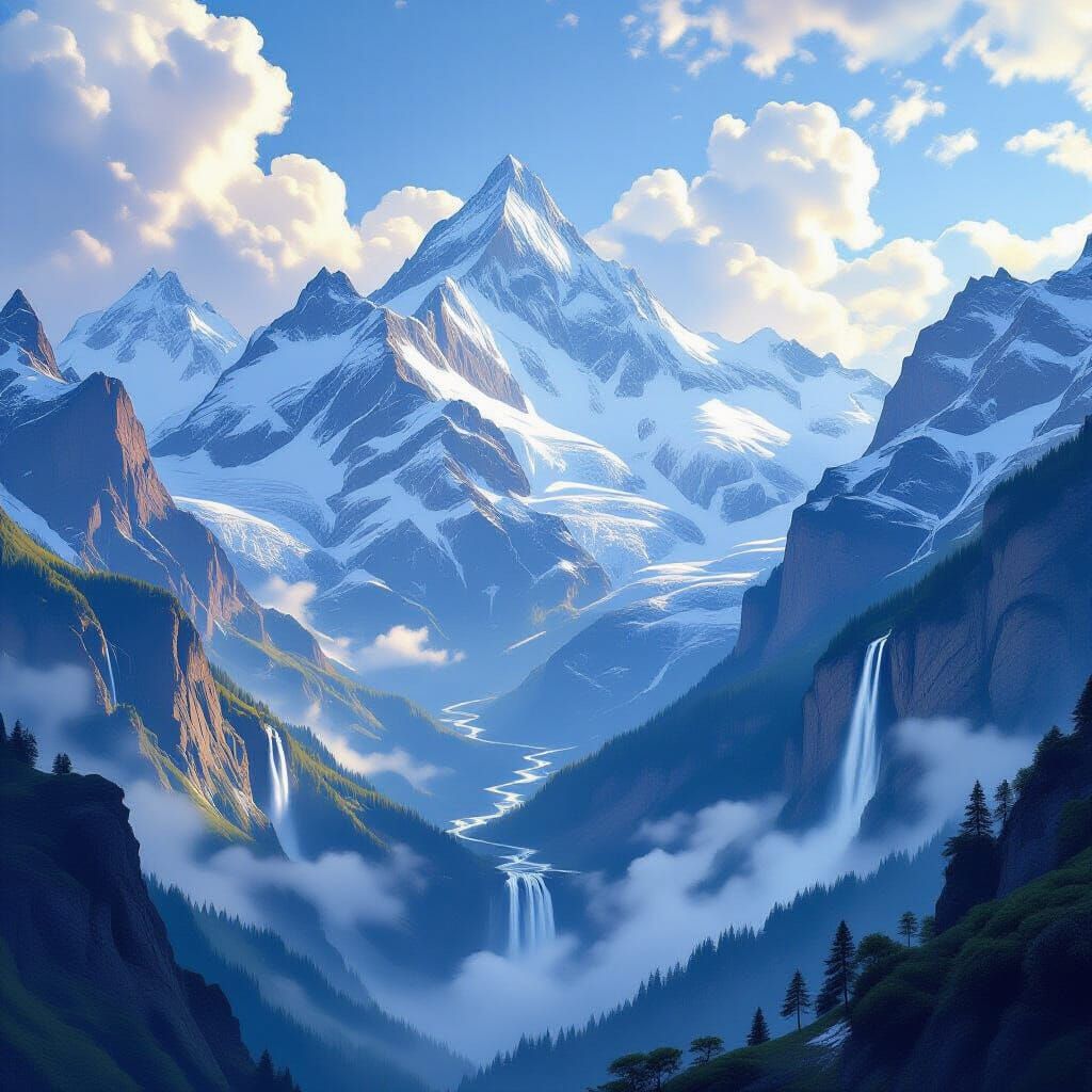 Epic Swiss Alps Panorama with Cascading Waterfalls