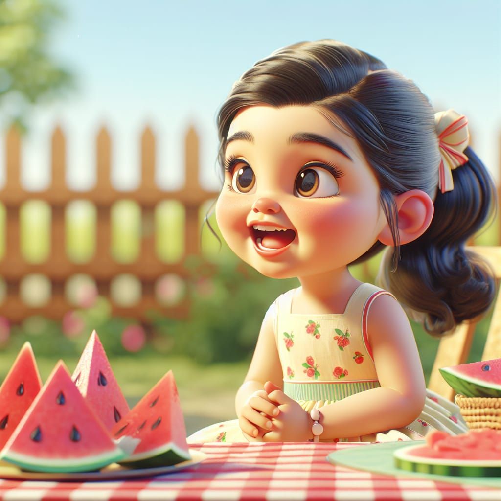 A Disney Pixar style 3D adorable little girl, wearing a cute sundress with her hair in a ponytail and a coquette bow. Sh...