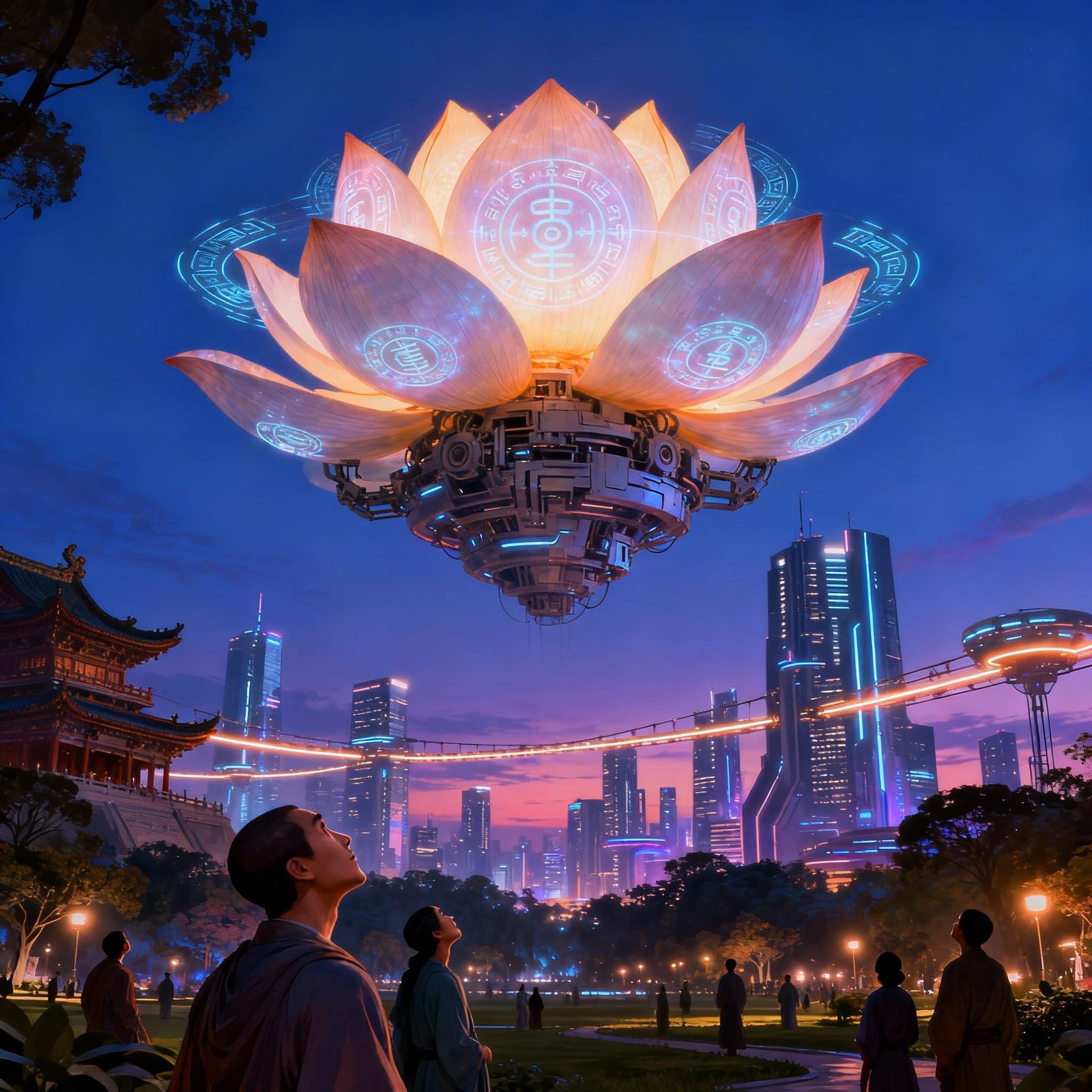 Giant Mechanical Lotus Over Futuristic City at Dusk