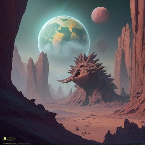 Exotic Alien World with Pterodactyls and Dinosaurs