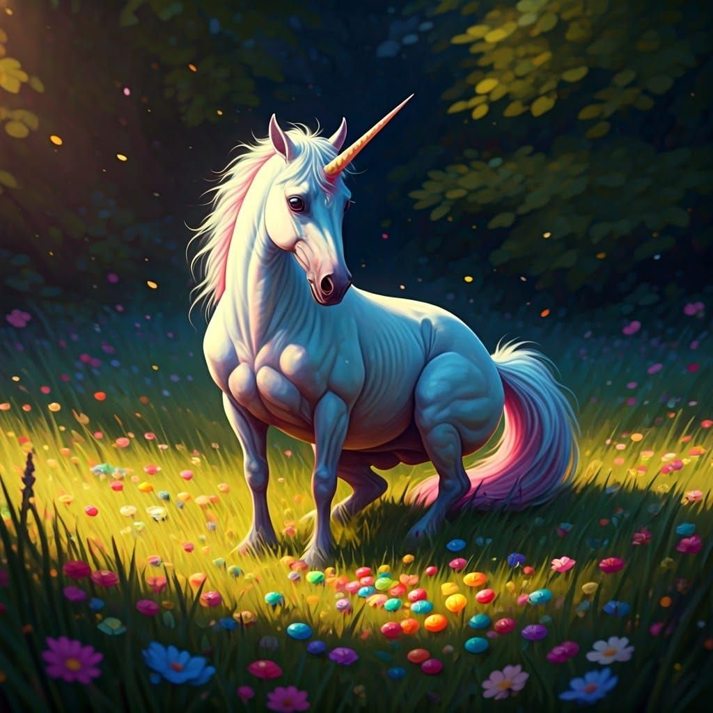 Unicorn Pooping Rainbow Skittles in Whimsical Fantasy Art