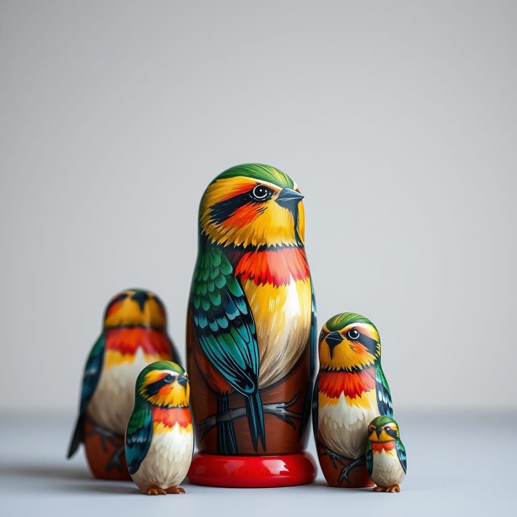 Painted Bird Matryoshka Dolls in Palekh Style