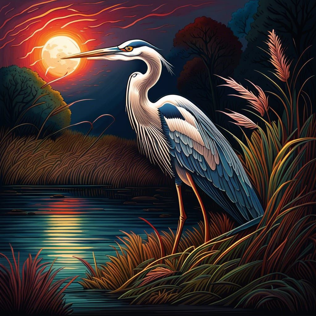 Heron and Moon Illustration in Dan Mumford Style