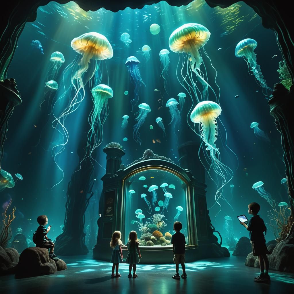 Spooky Bioluminescent Aquarium Museum in Fantasy Style