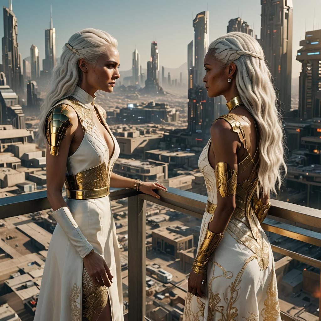 Cyberpunk Balcony Scene: Two Women in Futuristic City