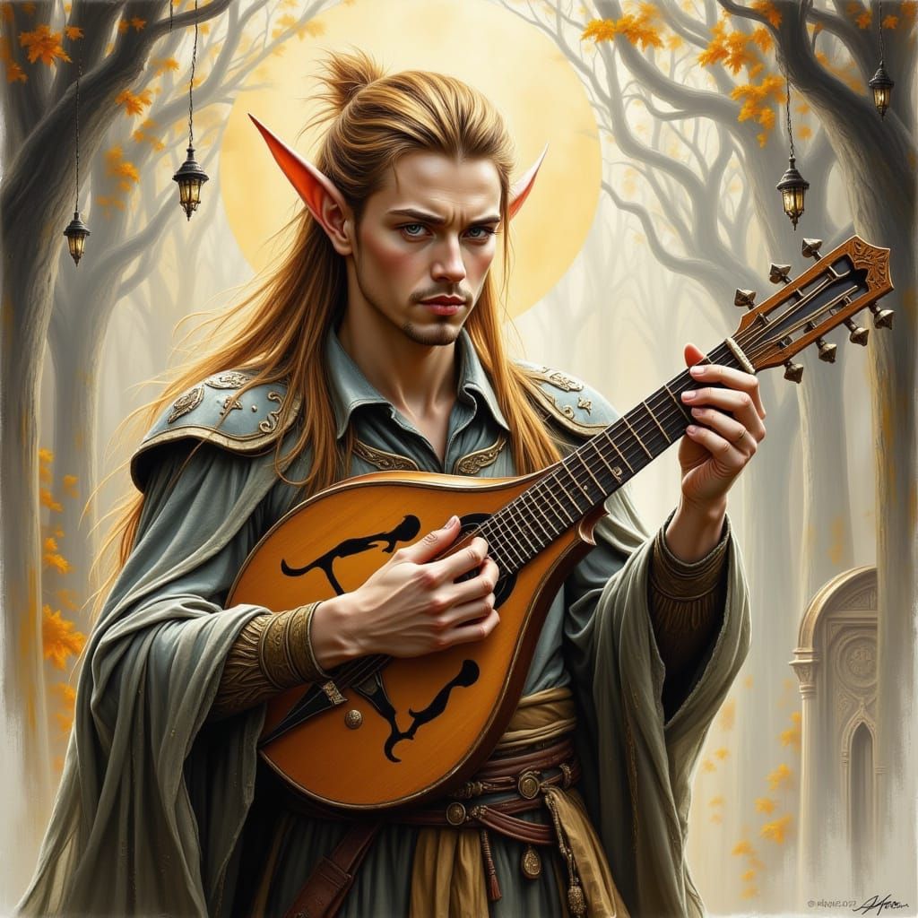 Golden Yan: Elven Bard in Dark Fantasy Style