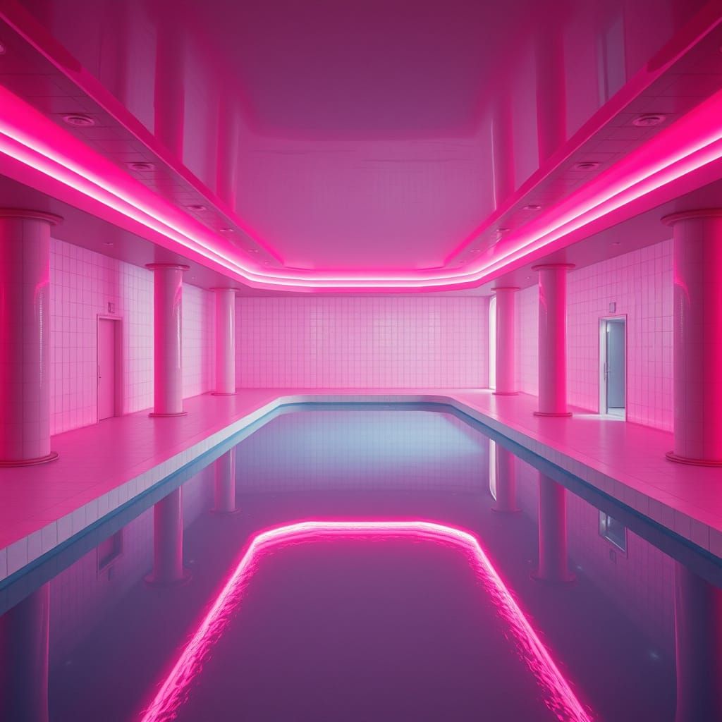 Abandoned Pink Swimming Pool Room in Futuristic Style