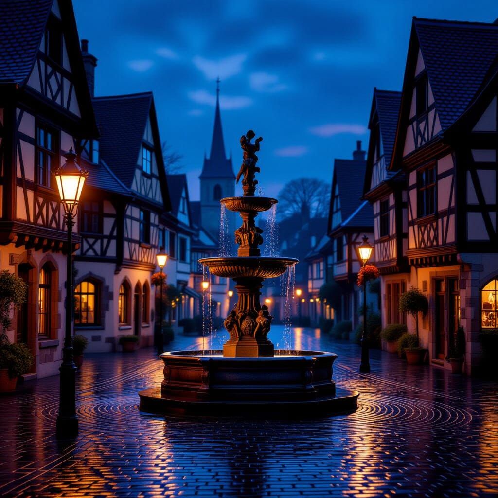 Twilight Village Square with Gas Lamps and Ancient Fountain