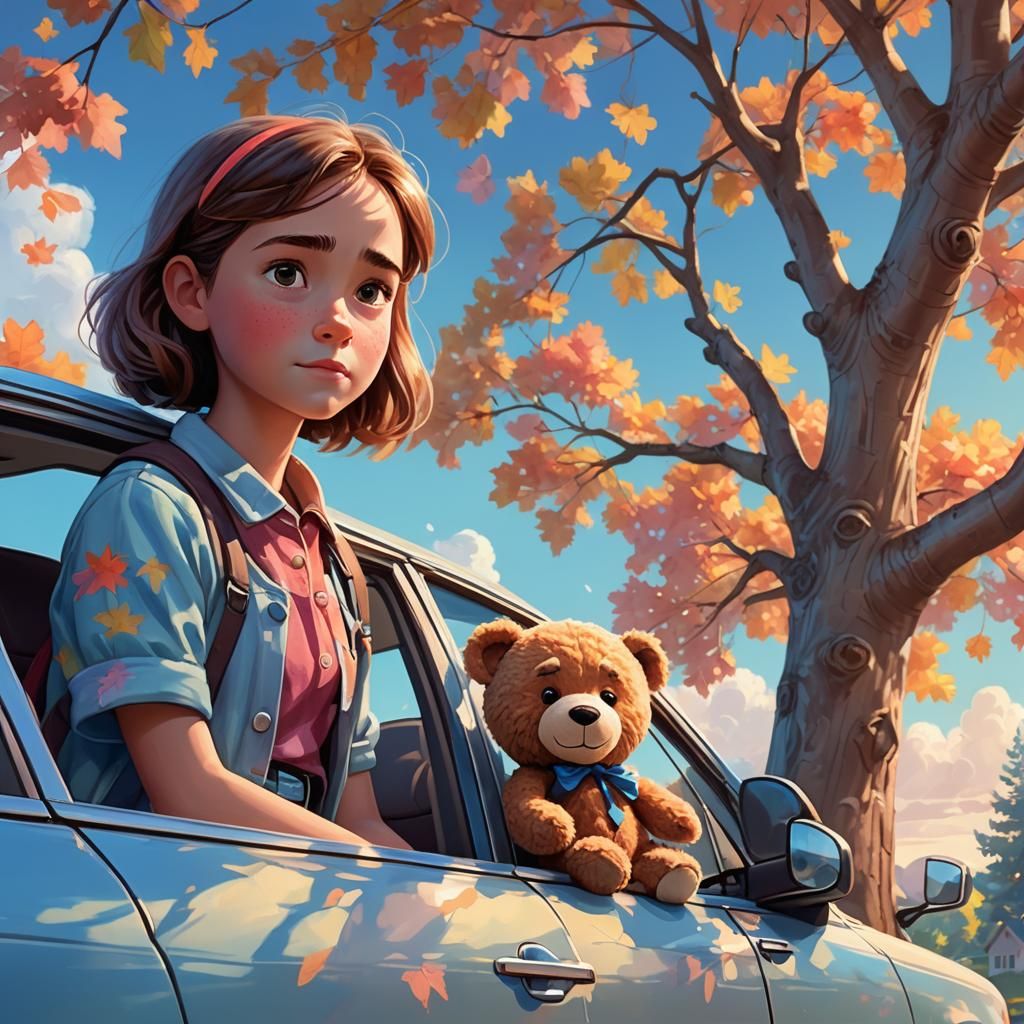 Girl and Teddy Bear: Pixar-Style 3D Concept Art