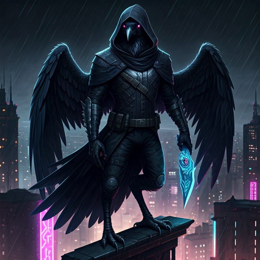 Futuristic Raven Assassin in Neon City