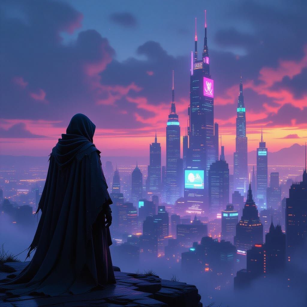 Cyberpunk Figure Overlooks Neon City at Dusk