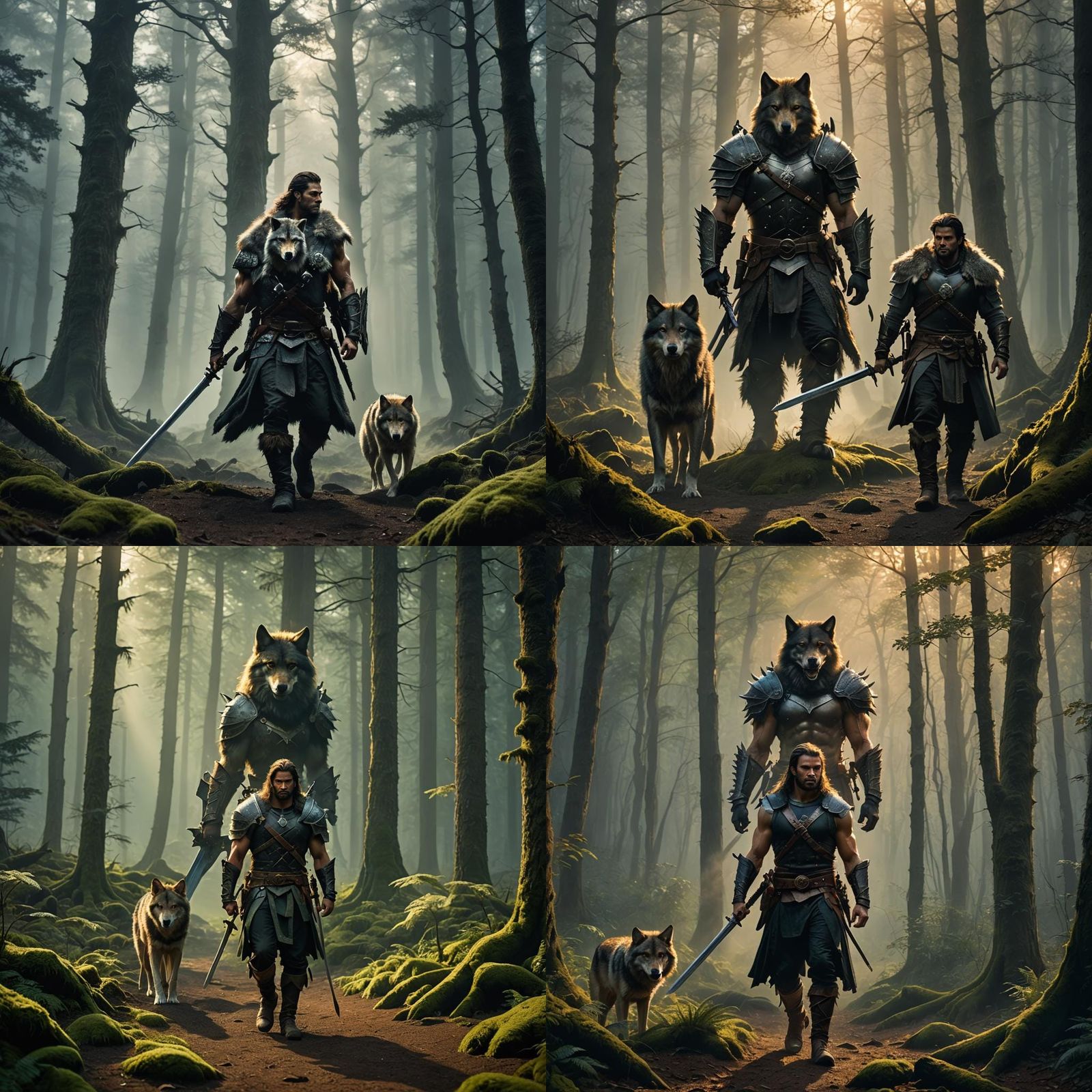 Warrior and Wolf Companion in Misty Forest