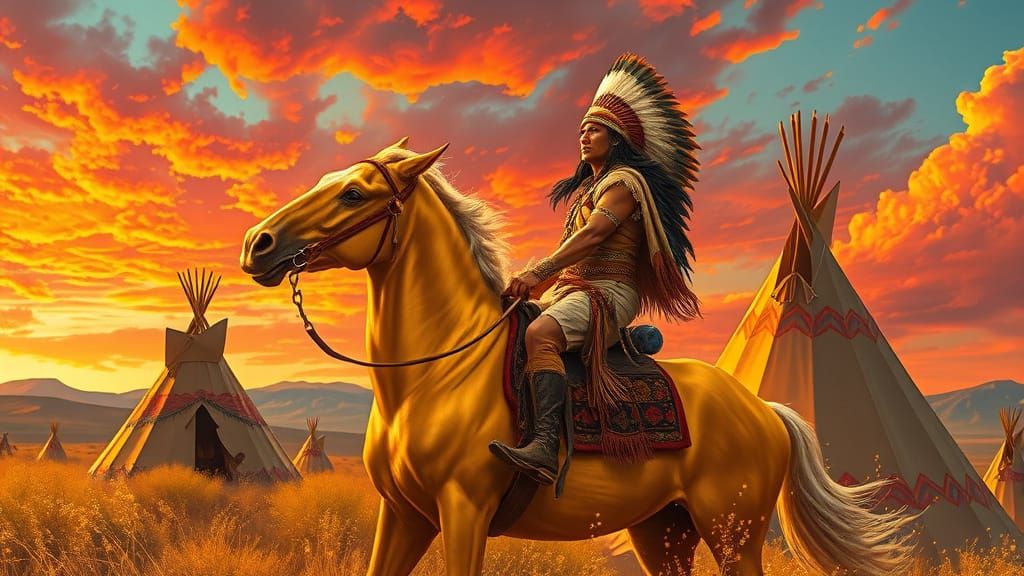 Golden Warrior Rides Under Fiery Skies