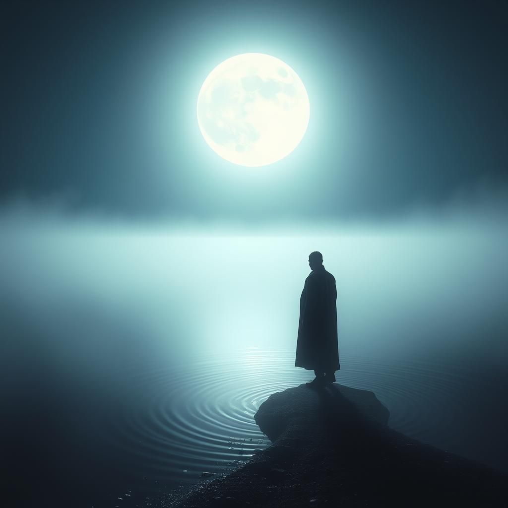 Introspective Figure at Moonlit Lake in Surreal Style
