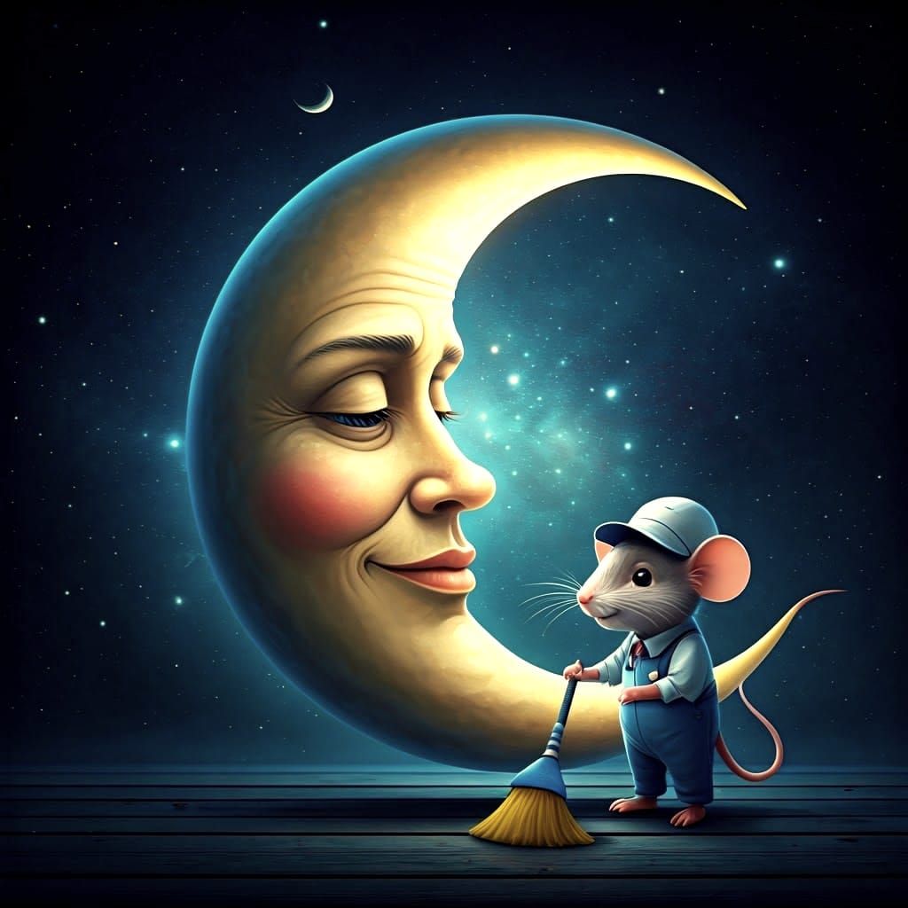 Serene Nighttime Scene with Whimsical Moon and Happy Mouse
