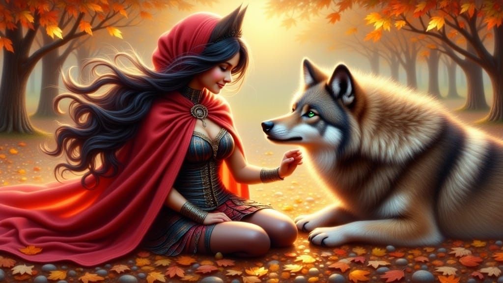Red Riding Hood and Wolf in Autumn