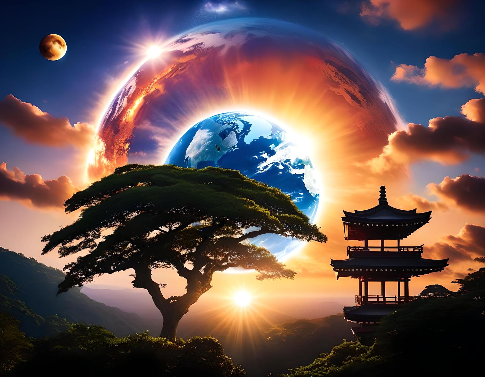 у;* View from another planet, Sunrise. The effect of two sun...