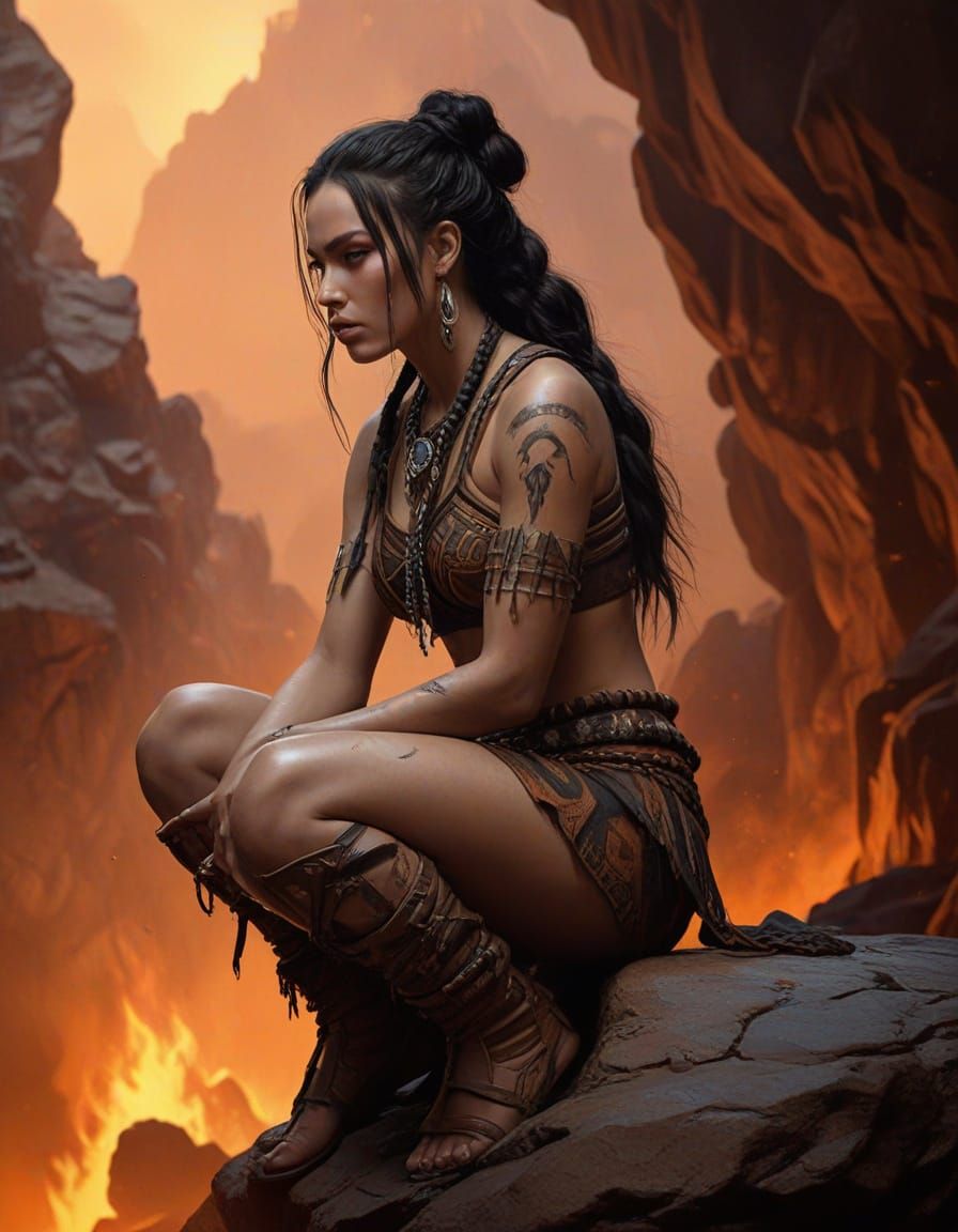 Fantasy Warrior Woman in Tribal Outfit, Fiery Backdrop