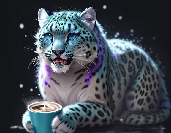Fluffy Snow Leopard with Coffee: 8K Concept Art