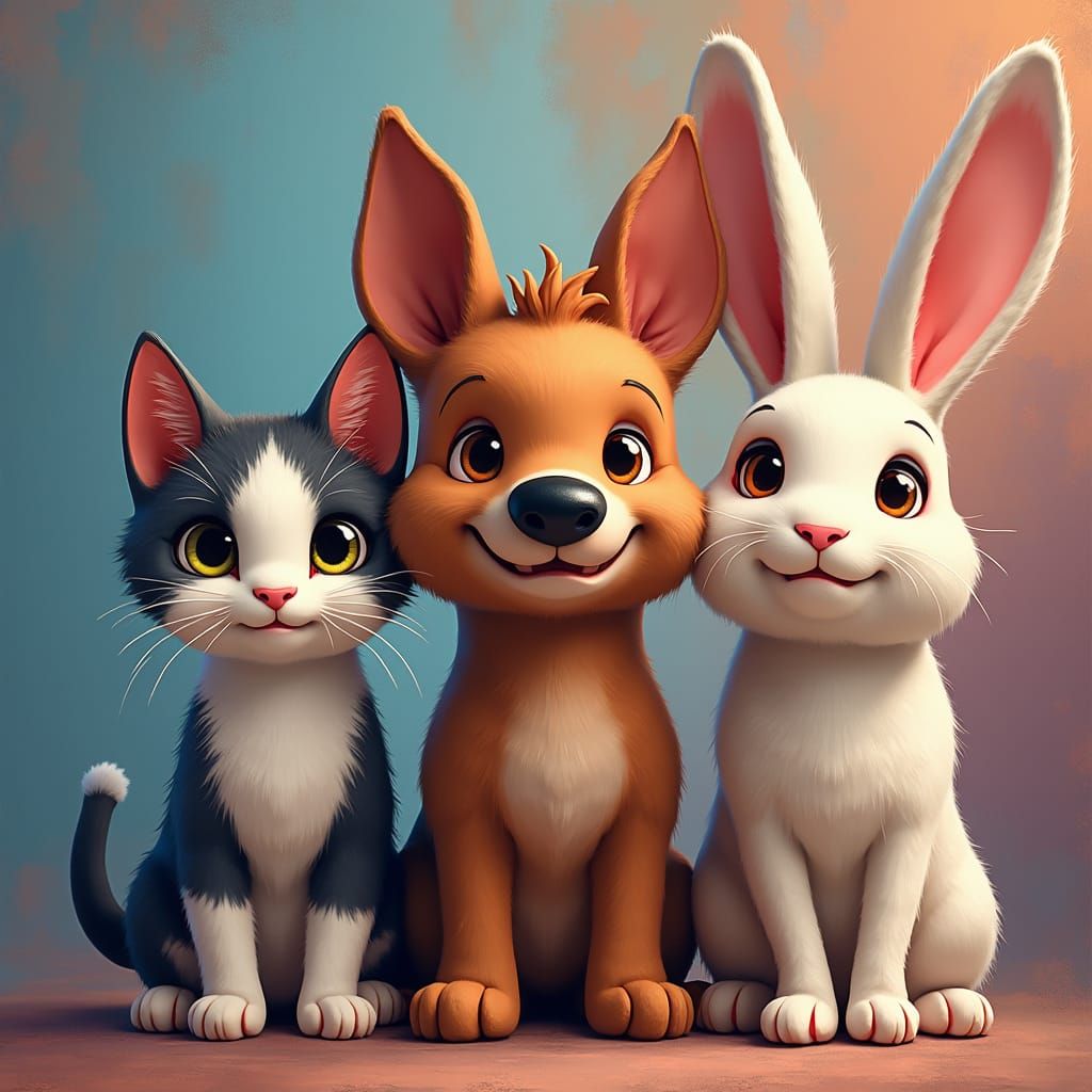 Tricolour Cat, Dog, and Rabbit Portrait