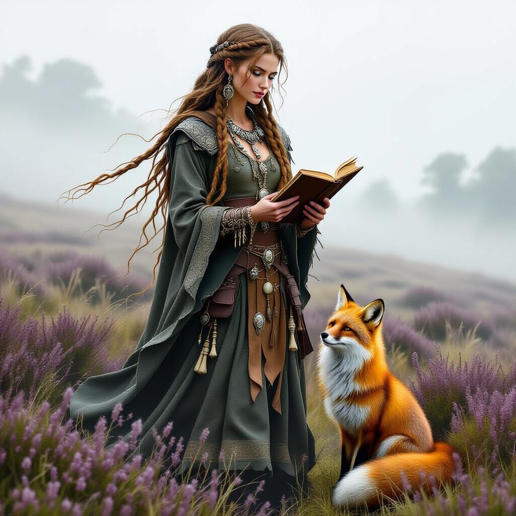 Celtic Witch in Heather Field with Fox
